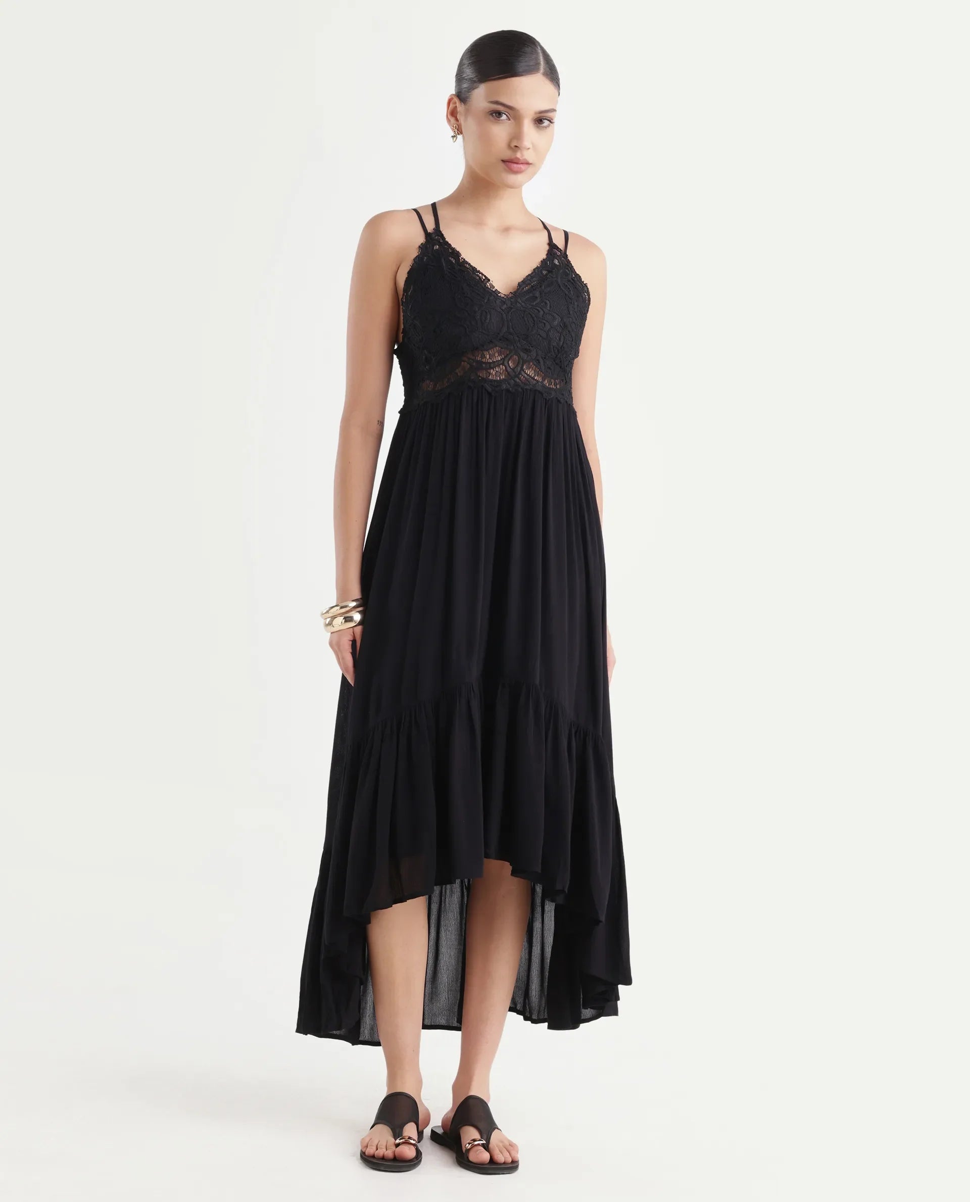 Rareism Women's Semolina Black Shoulder Strap Plain Shoulder Strap Maxi Fit And Flare Dress