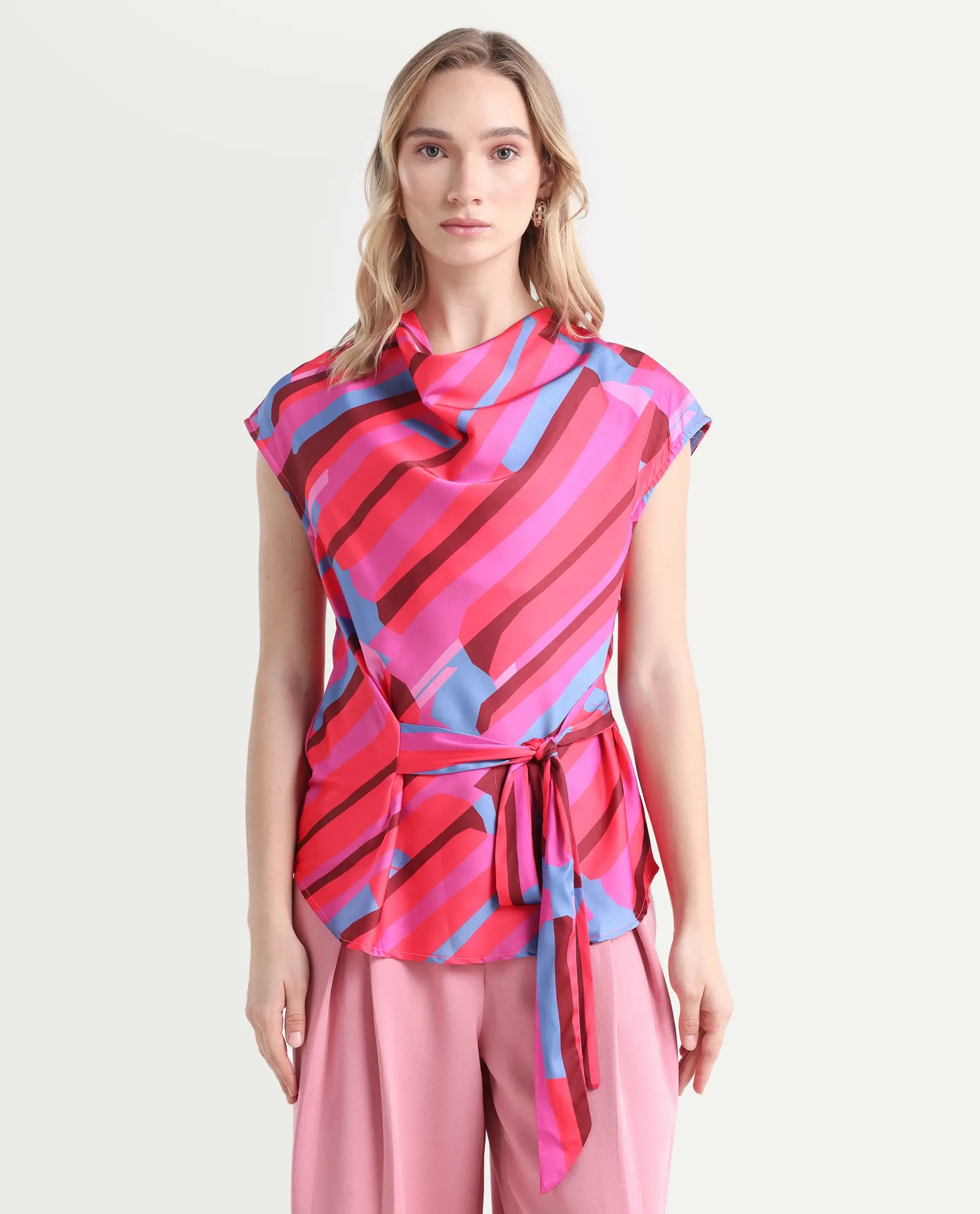 Rareism Women's Sengi Pink Polyester Cowl Neck Abstract Print Extended Sleeves Regular Fit Top