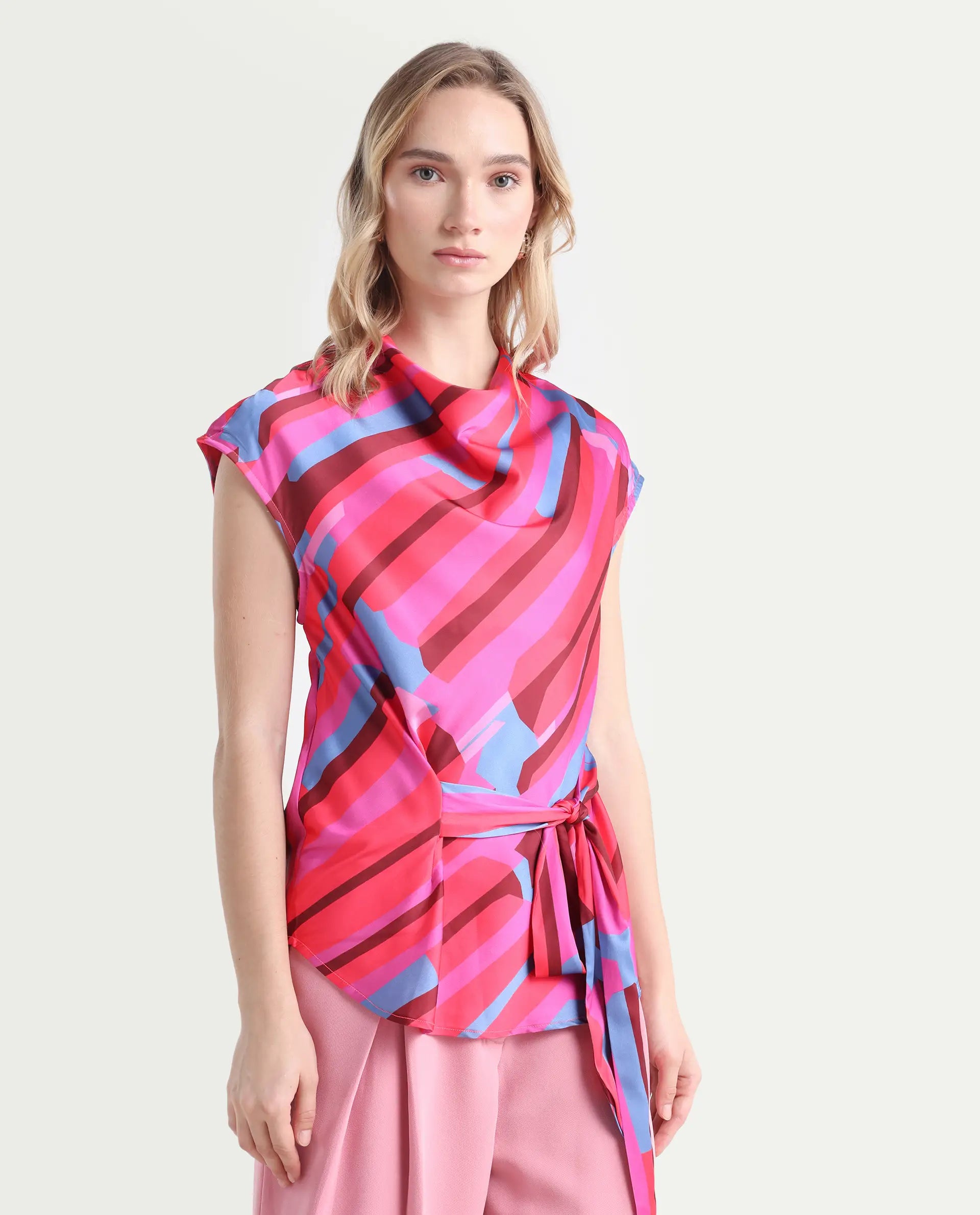 Rareism Women's Sengi Pink Polyester Cowl Neck Abstract Print Extended Sleeves Regular Fit Top