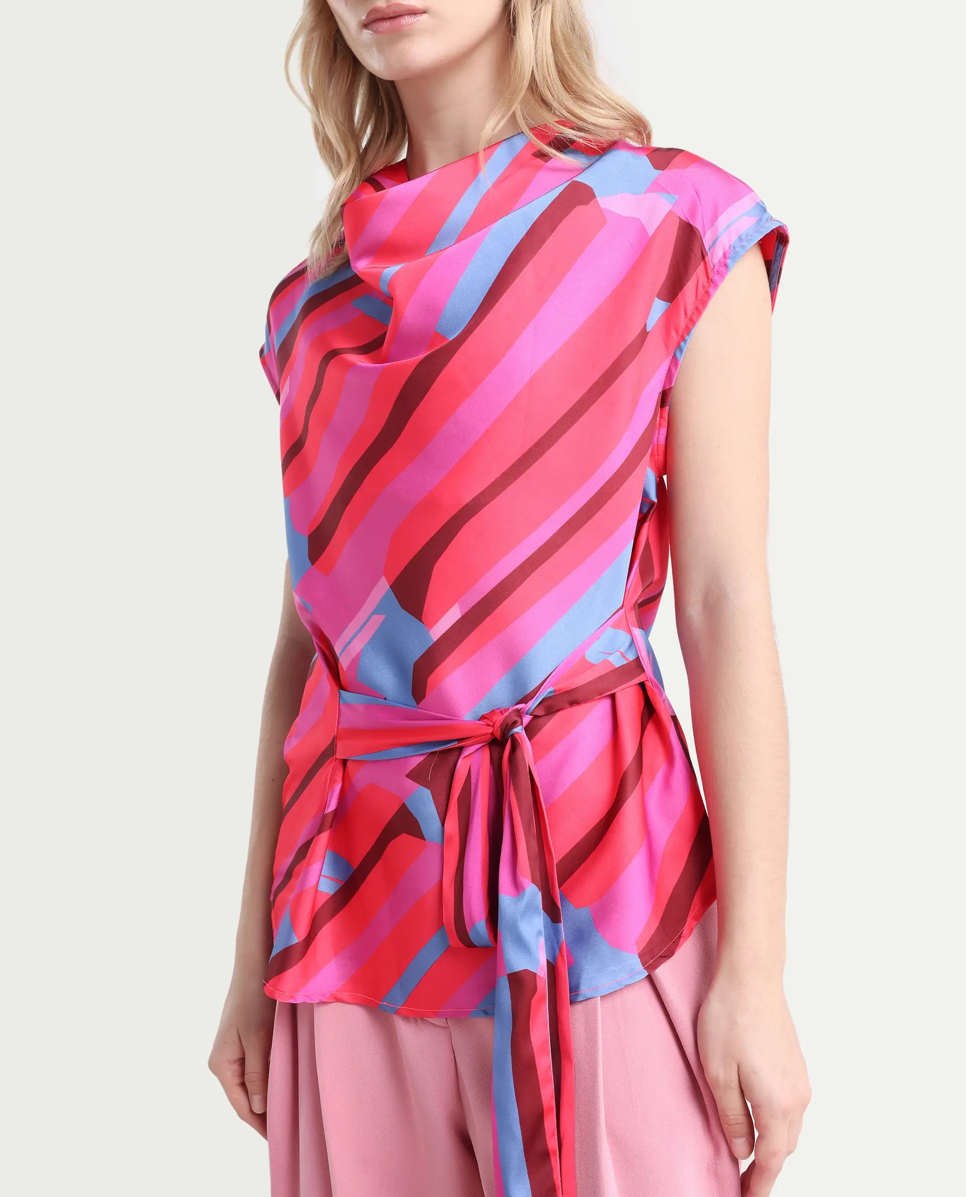 Rareism Women's Sengi Pink Polyester Cowl Neck Abstract Print Extended Sleeves Regular Fit Top