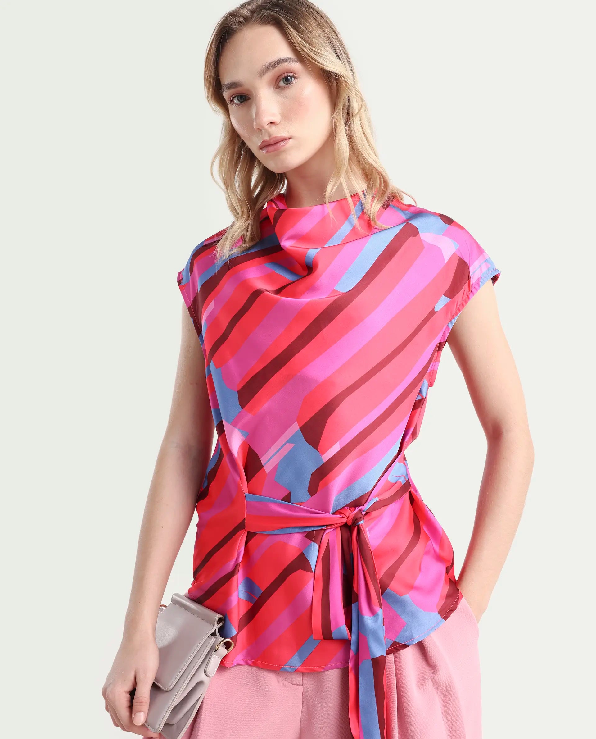 Rareism Women's Sengi Pink Polyester Cowl Neck Abstract Print Extended Sleeves Regular Fit Top