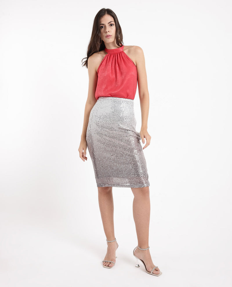 Rareism Women Seoul Metallic Gold Cotton Fabric Sequined Skirt