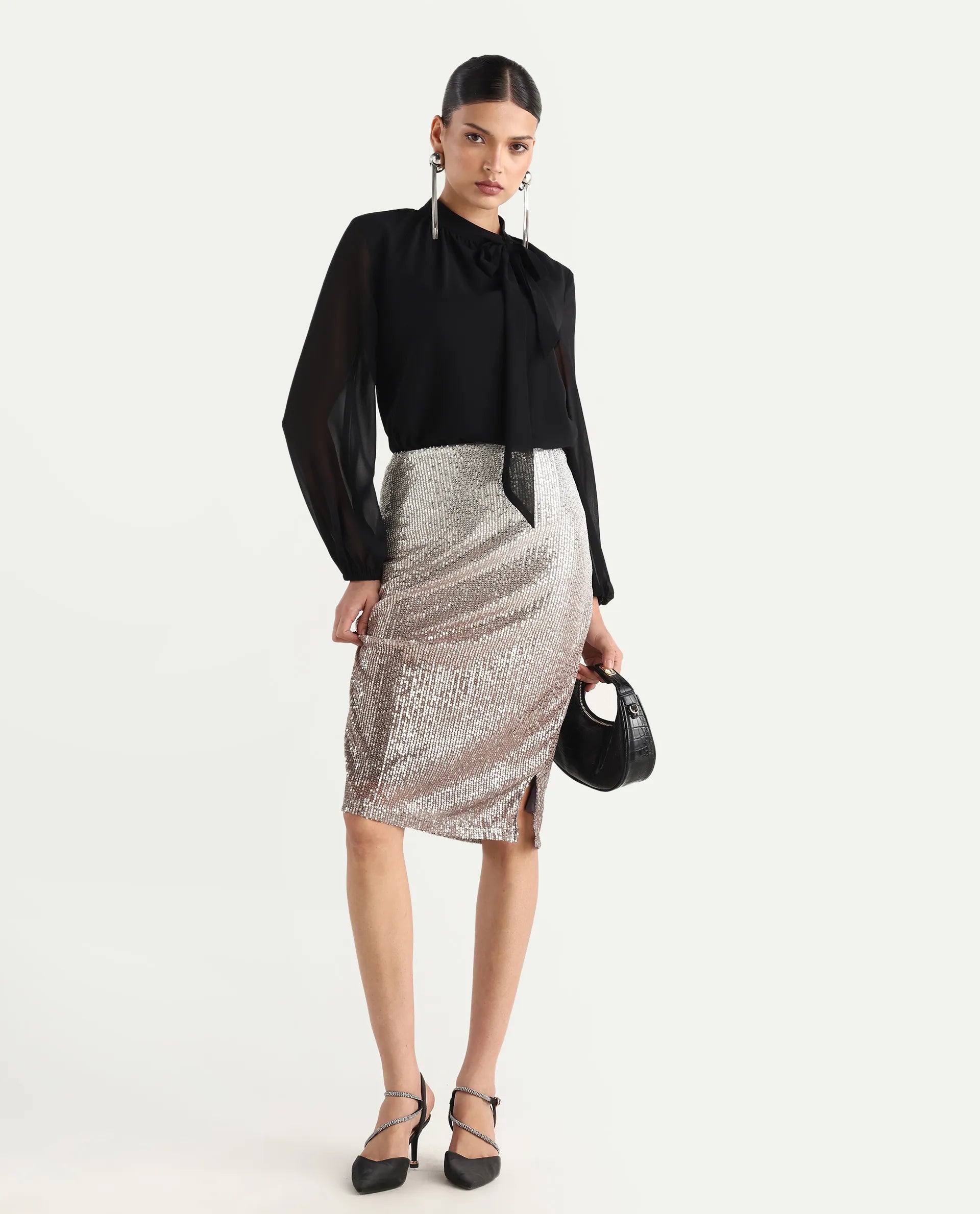 Rareism Women's Seoul Metallic Gold Plain Knee Length Fitted Skirt