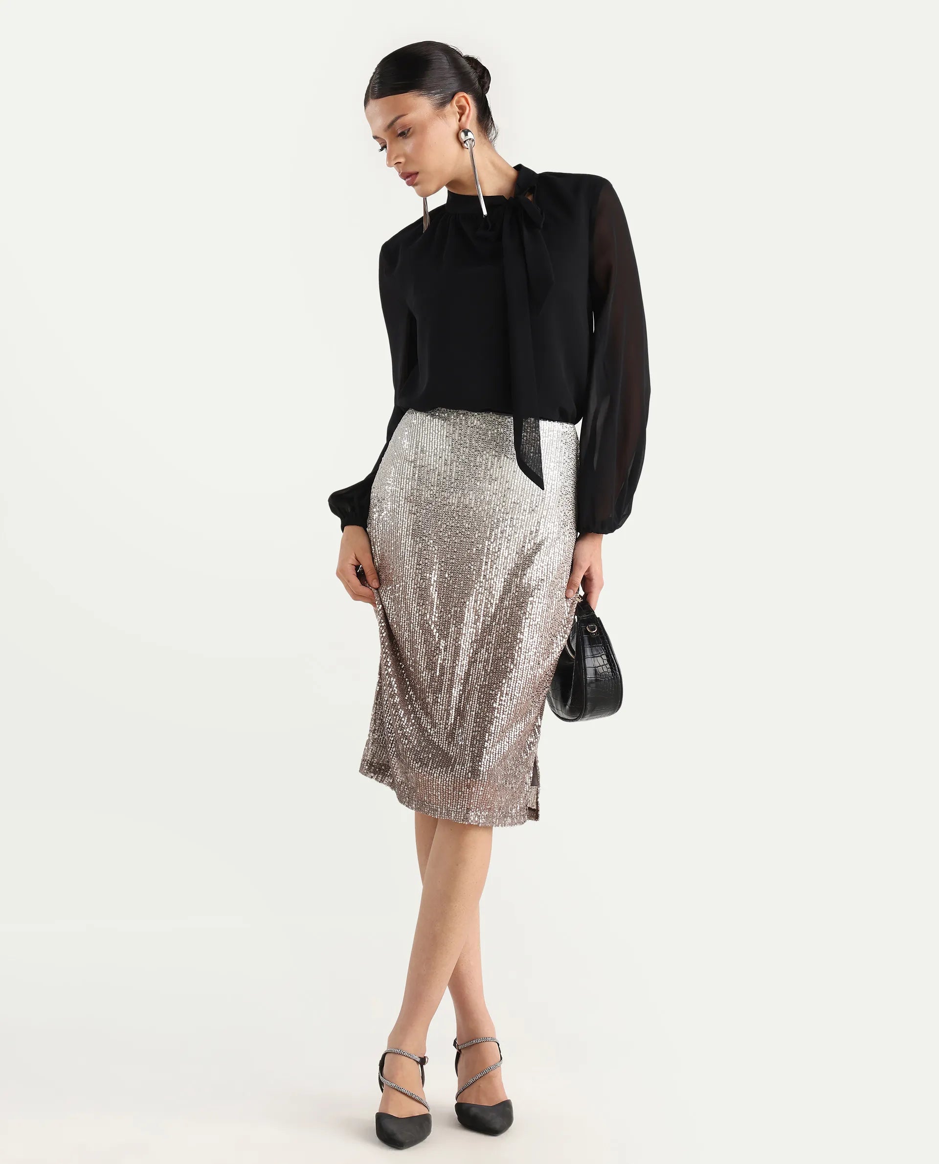 Rareism Women's Seoul Metallic Gold Plain Knee Length Fitted Skirt
