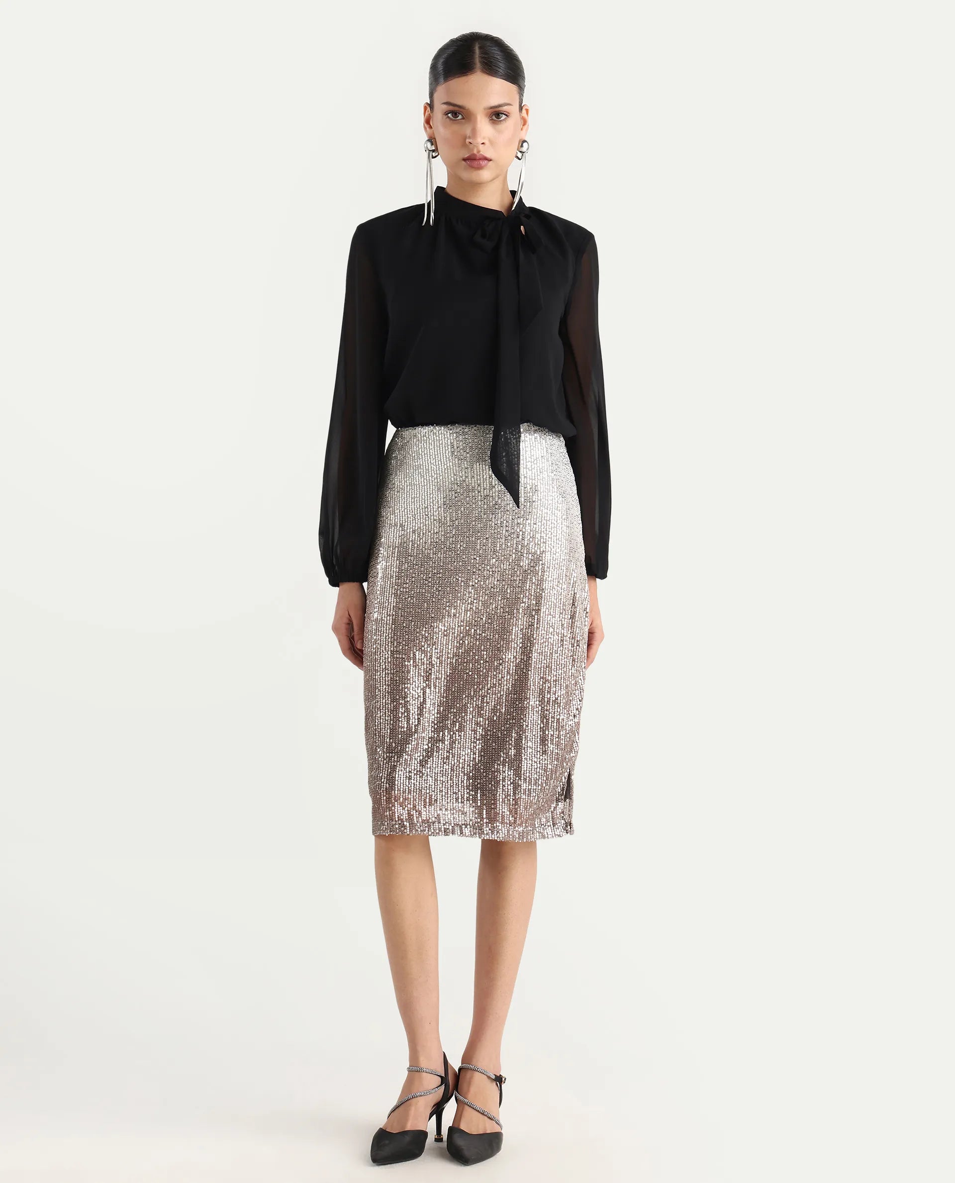 Rareism Women's Seoul Metallic Gold Plain Knee Length Fitted Skirt