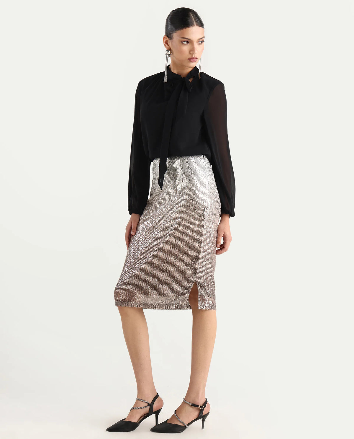 Rareism Women's Seoul Metallic Gold Plain Knee Length Fitted Skirt