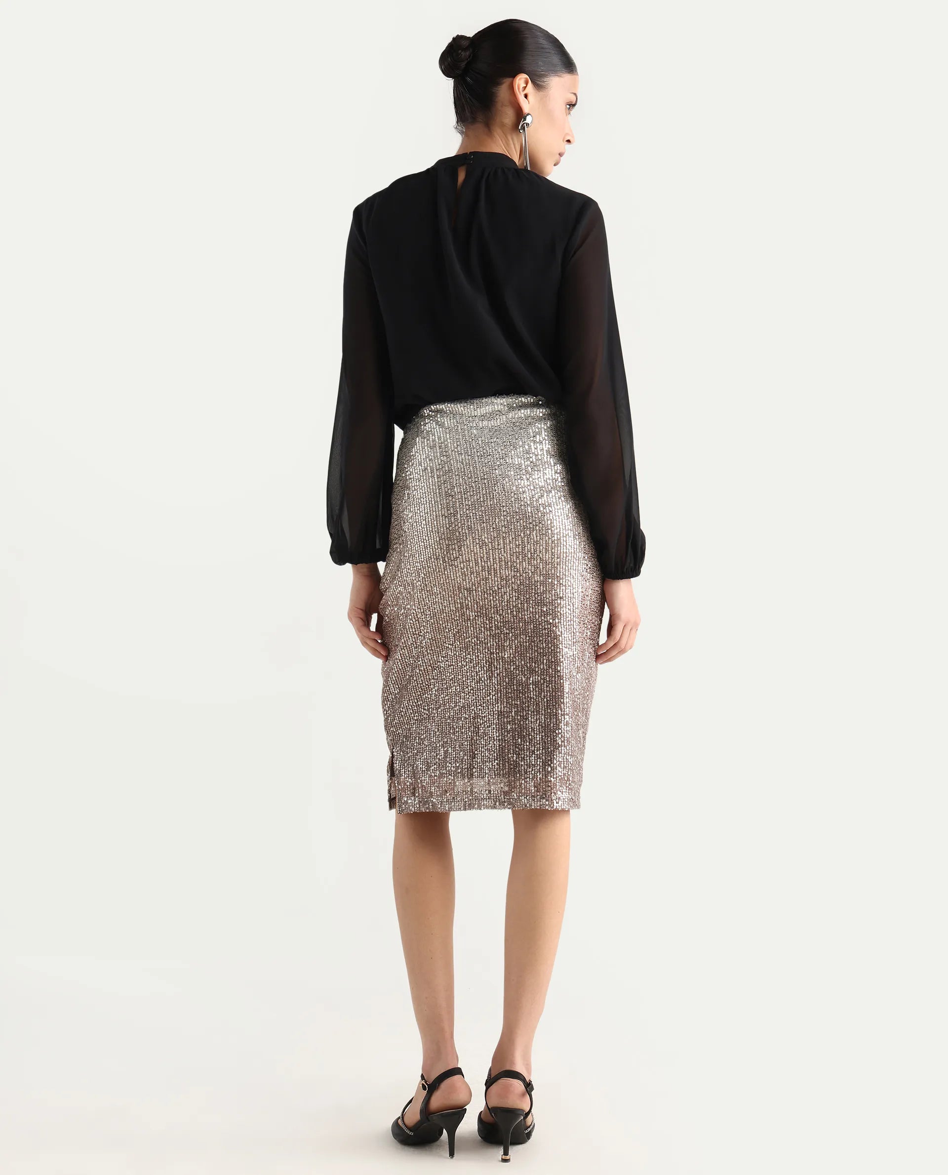 Rareism Women's Seoul Metallic Gold Plain Knee Length Fitted Skirt