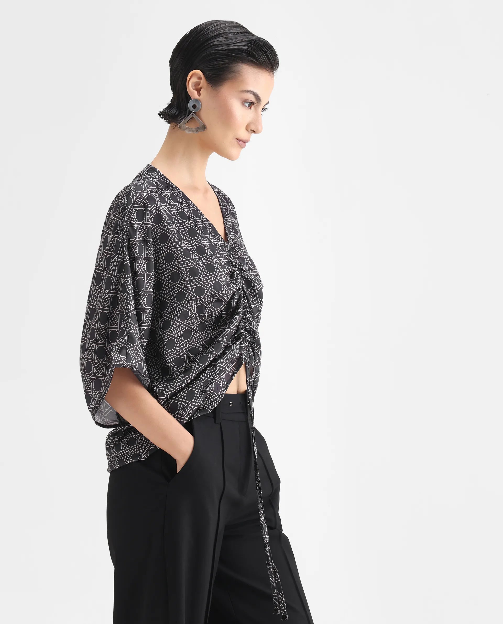 Rareism Women's Sepia Dark Black Polyester V-Neck Geometric Print Extended Sleeves Regular Fit Top