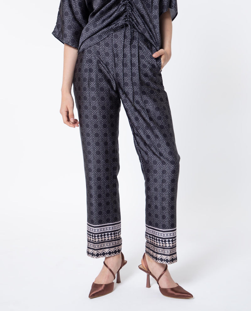 Rareism Women Sepiat Dark Black Polyester Fabric Relaxed Fit Geometric Print Ankle Length Trousers