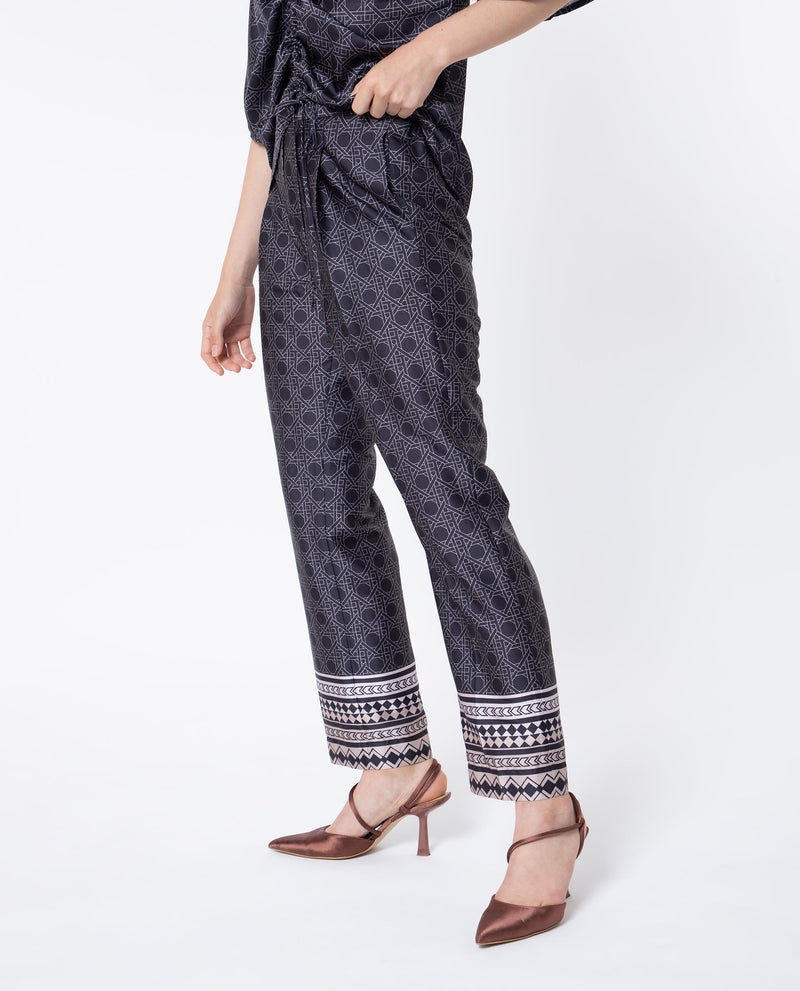 Rareism Women Sepiat Dark Black Polyester Fabric Relaxed Fit Geometric Print Ankle Length Trousers