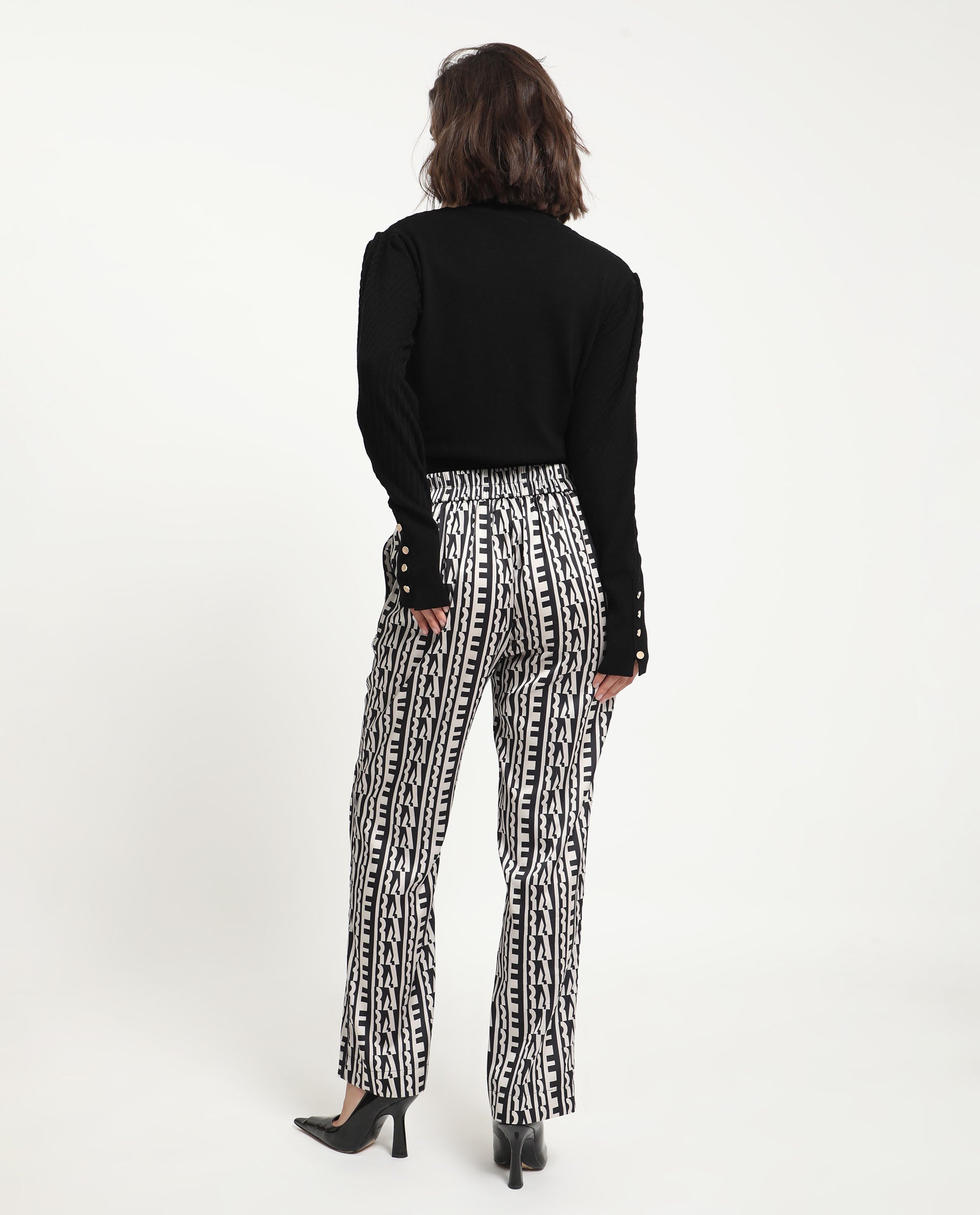 Rareism Women's Atantit Black Polyester Geometric Print Ankle Length Tailored Trouser