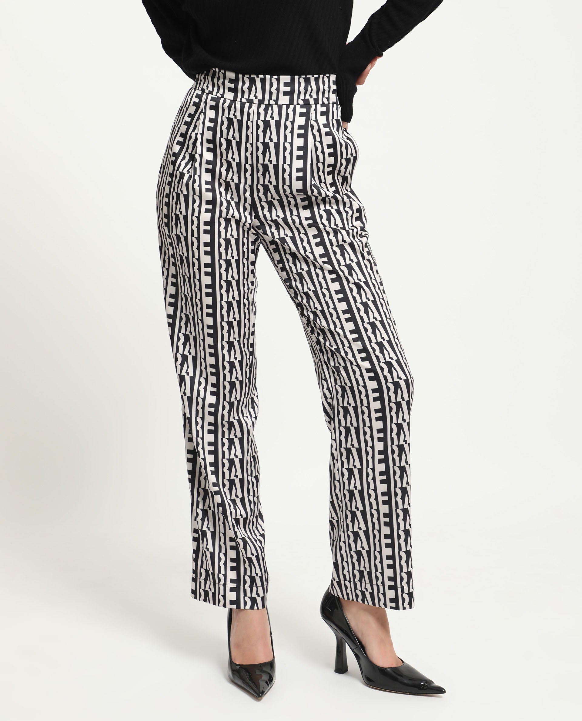 Rareism Women's Atantit Black Polyester Geometric Print Ankle Length Tailored Trouser