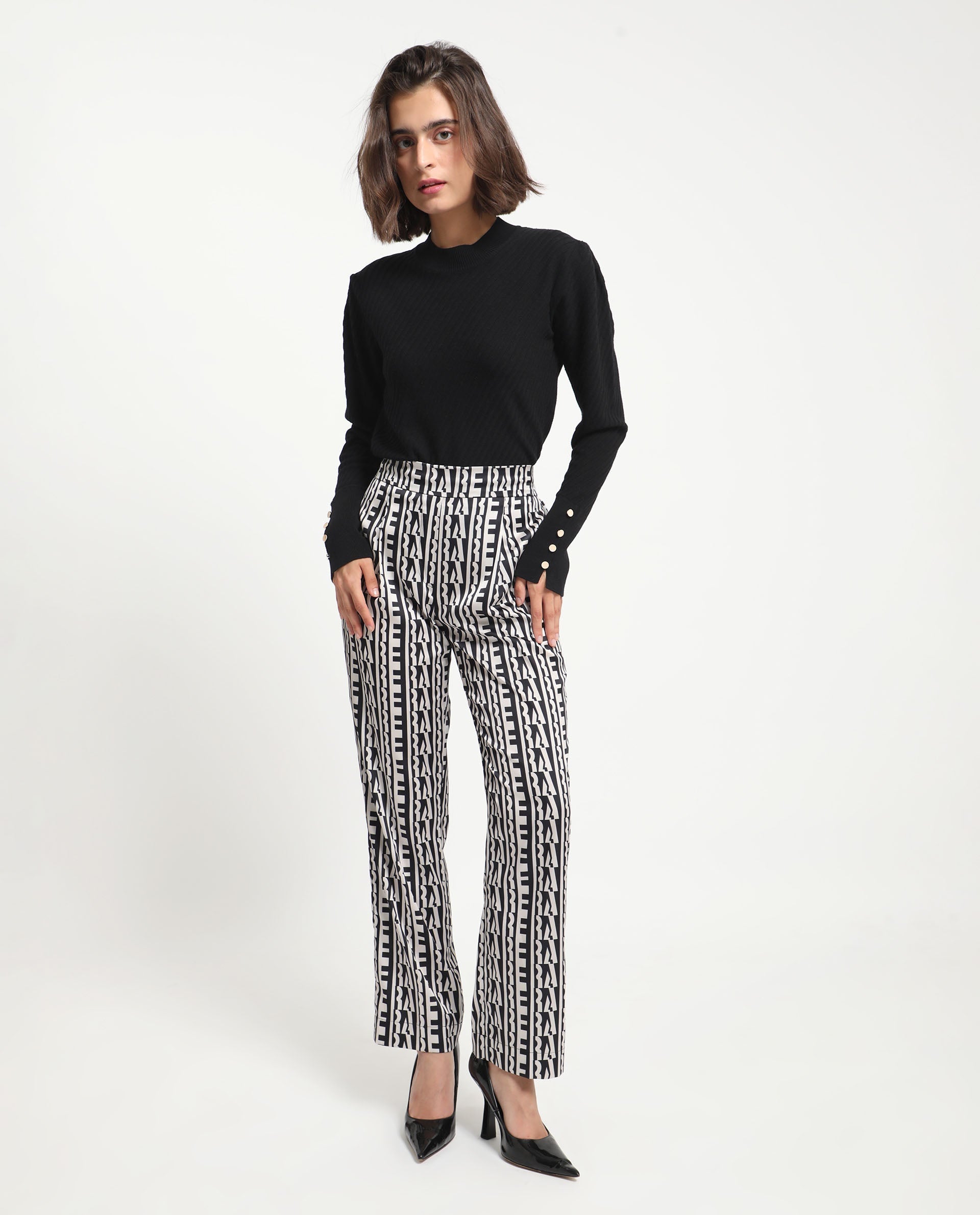 Rareism Women's Atantit Black Polyester Geometric Print Ankle Length Tailored Trouser