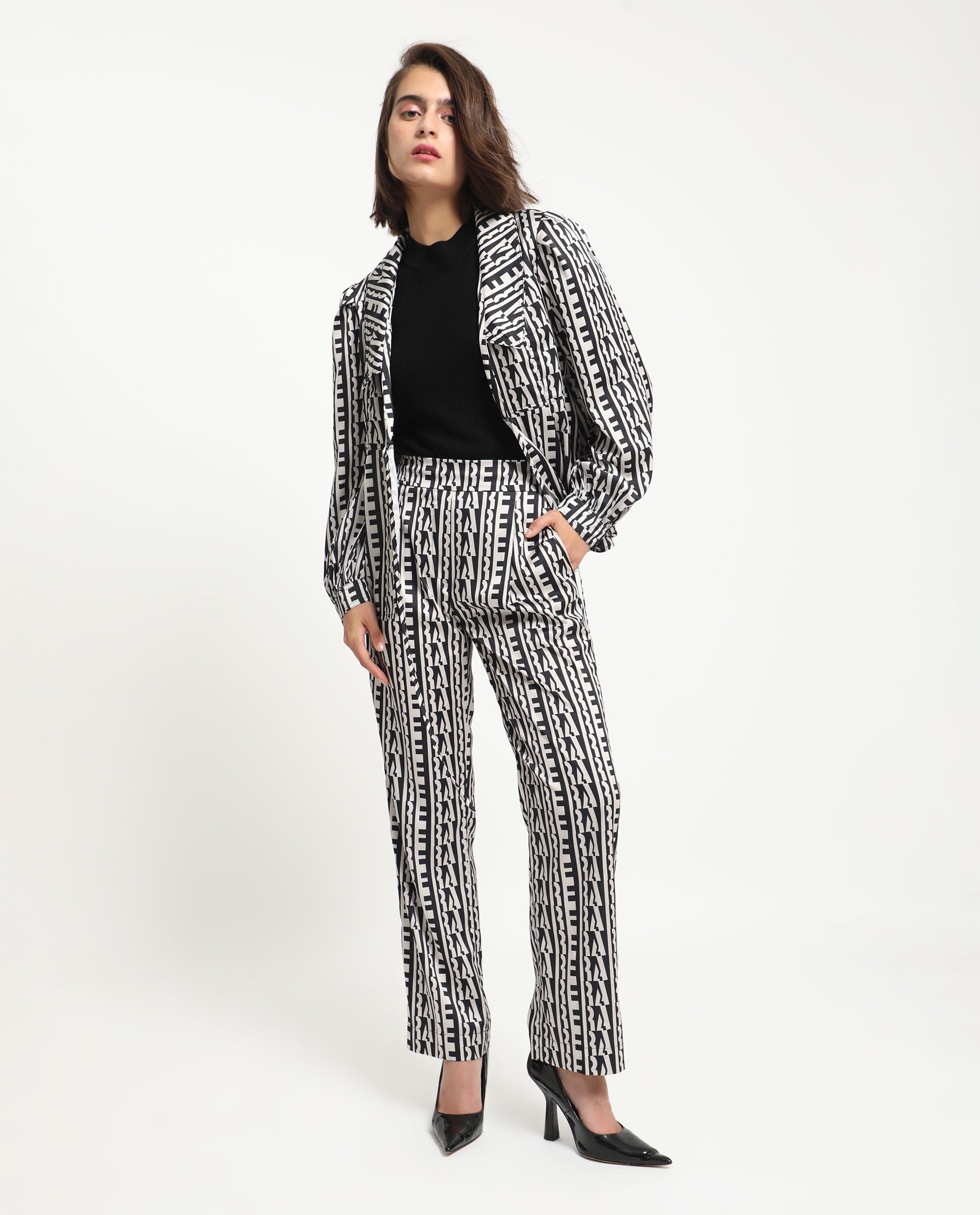 Rareism Women's Atantit Black Polyester Geometric Print Ankle Length Tailored Trouser