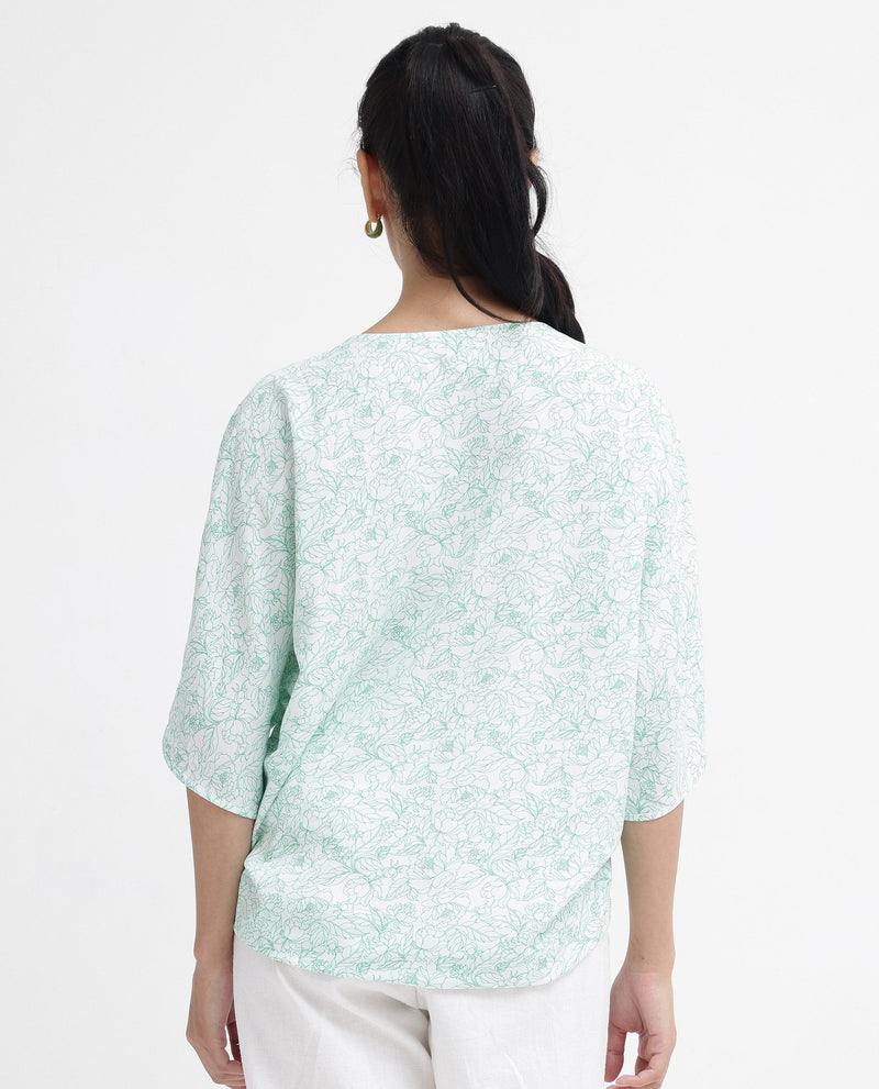 Rareism Women Sepio-T Light Green Extended Sleeves V-Neck Relaxed Fit Floral Print Top