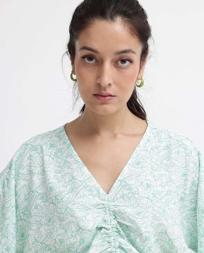 Rareism Women Sepio-T Light Green Extended Sleeves V-Neck Relaxed Fit Floral Print Top