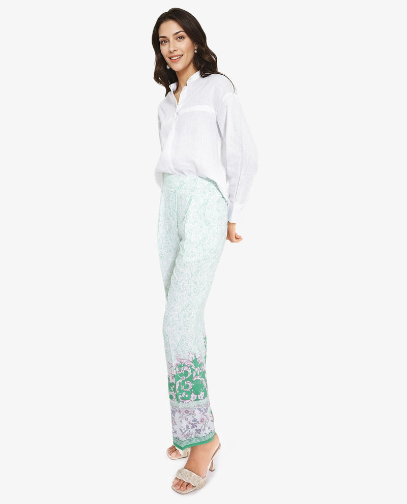 Rareism Women Sepio-B Light Green Tie Up Closure Straight Fit Ankle Length Abstract Print Trouser