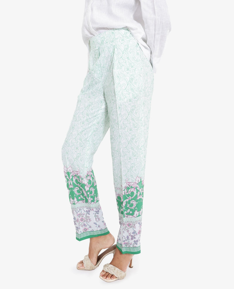 Rareism Women Sepio-B Light Green Tie Up Closure Straight Fit Ankle Length Abstract Print Trouser