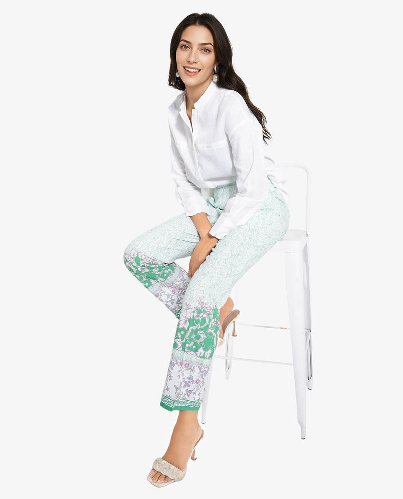 Rareism Women Sepio-B Light Green Tie Up Closure Straight Fit Ankle Length Abstract Print Trouser