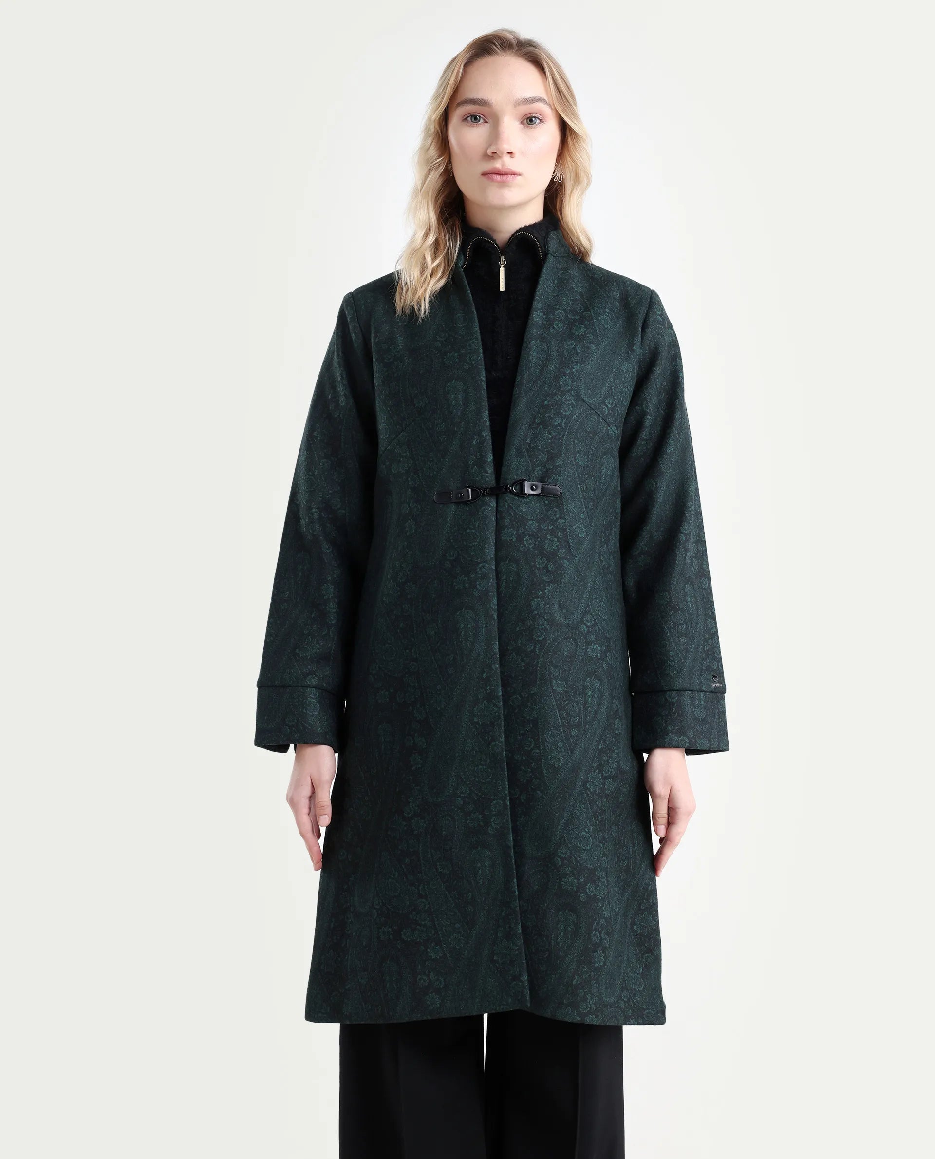 Rareism Women's Sera Green Polyester High Neck Paisley Print Knee Length Regular Fit Jacket