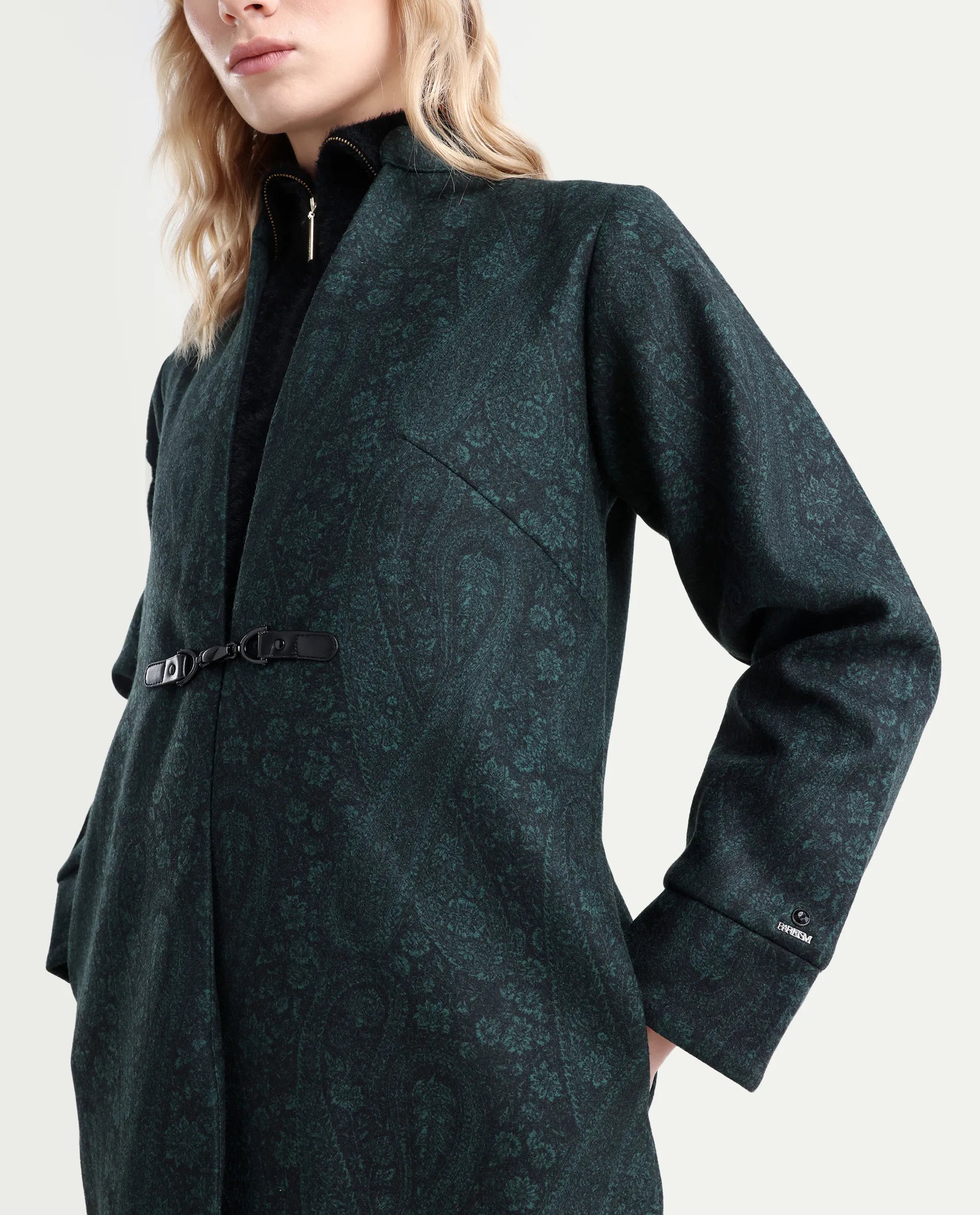 Rareism Women's Sera Green Polyester High Neck Paisley Print Knee Length Regular Fit Jacket