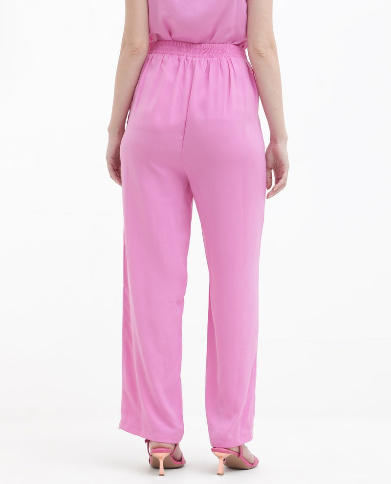 Rareism Women Serbay Pink Polyester Fabric Straight Fit Plain Ankle Length Trousers