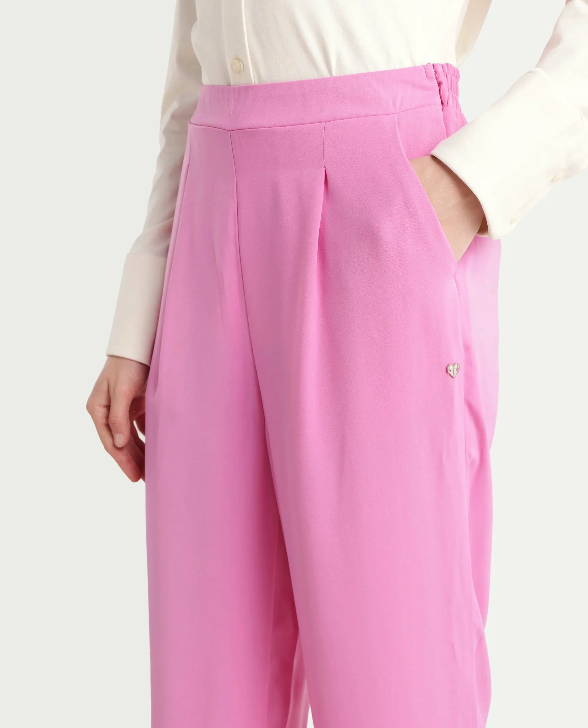 Rareism Women's Serbay-B Pink Polyester Plain Ankle Length Straight Fit Trouser