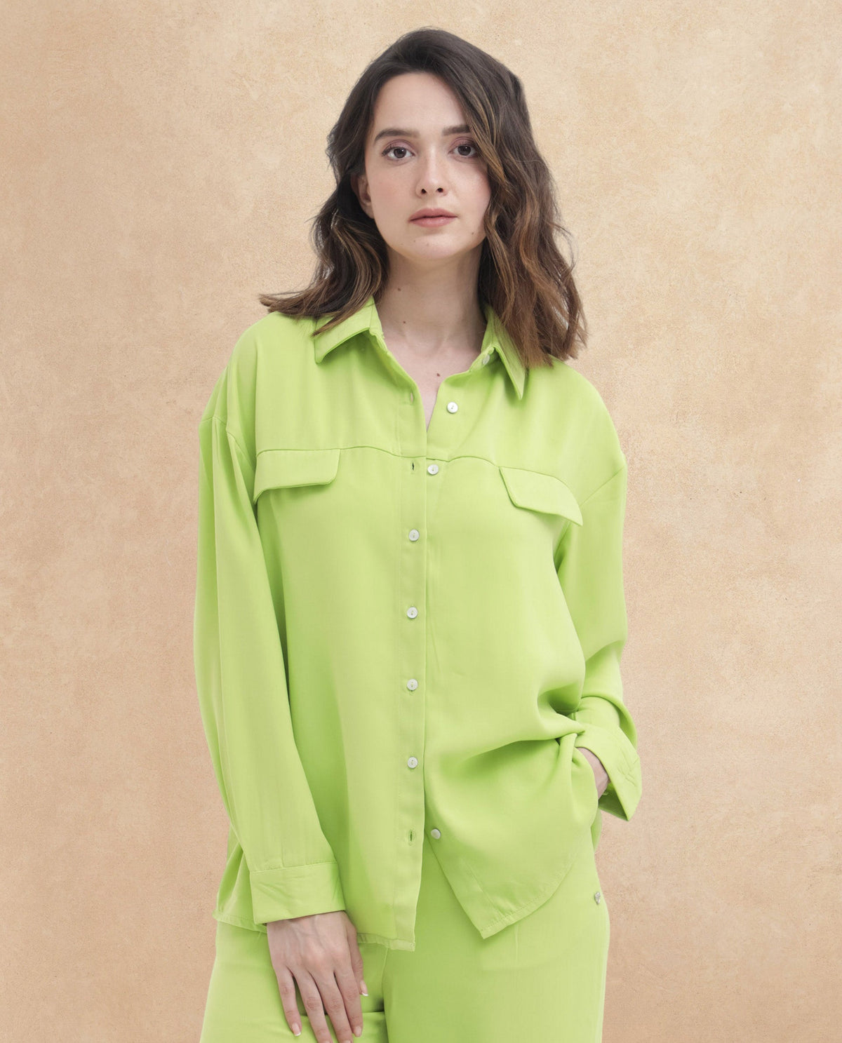 Rareism Women Sergey Green Polyester Fabric Full Sleeves Button Closure Collared Neck Cuffed Sleeve Regular Fit Plain Shirt