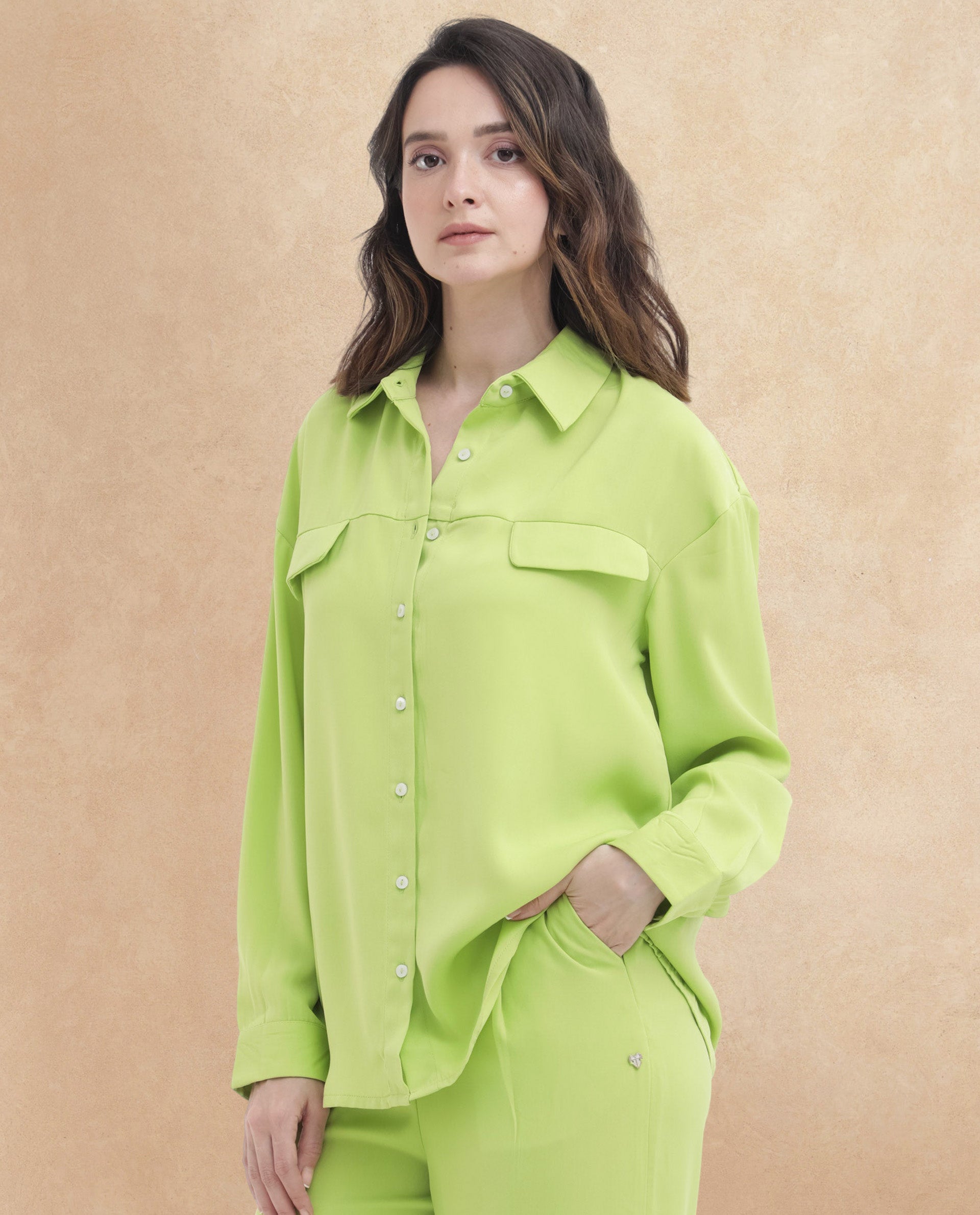 Rareism Women Sergey Green Polyester Fabric Full Sleeves Button Closure Collared Neck Cuffed Sleeve Regular Fit Plain Shirt