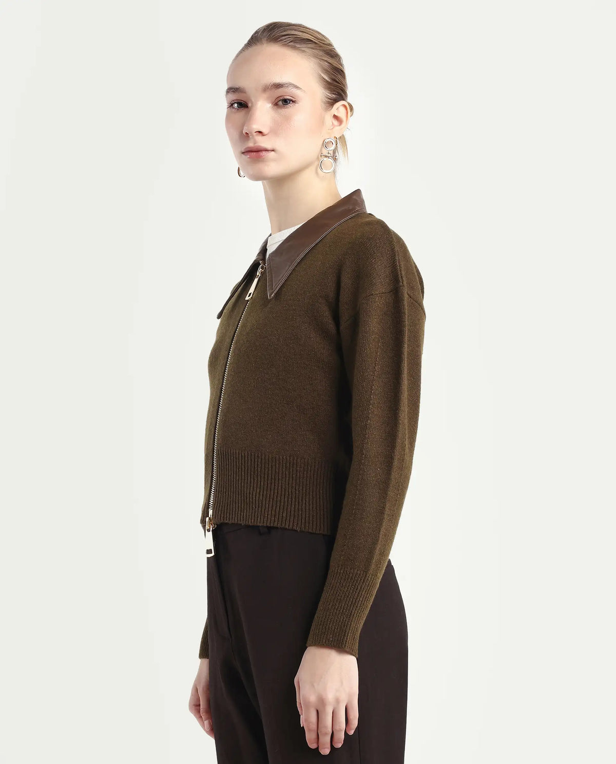 Rareism Women's Serpen Brown Drop Collar Plain Relaxed Fit Jacket