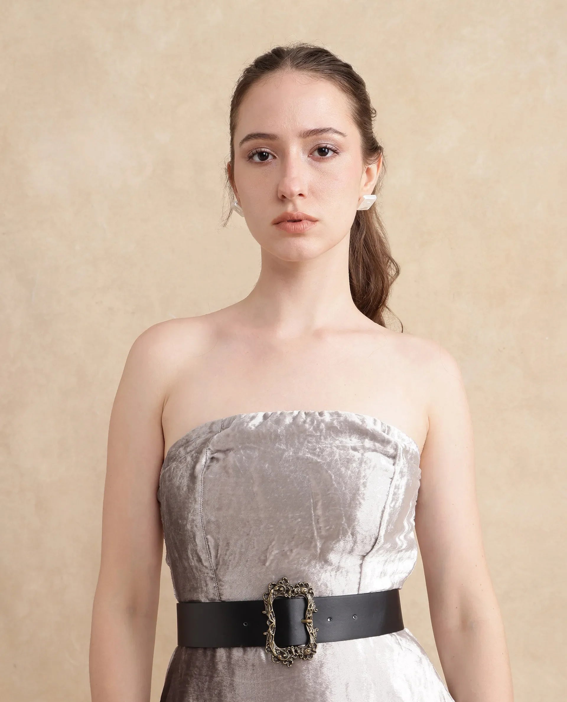 Rareism Women Seson Light Silver Tube Neck Zipper Closure Fit And Flare Midi Abstract Print Dress