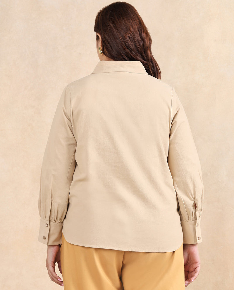 Rareism Women Severo Beige Cotton Fabric Cuffed Sleeve Collared Neck Button Closure Plain Shirt