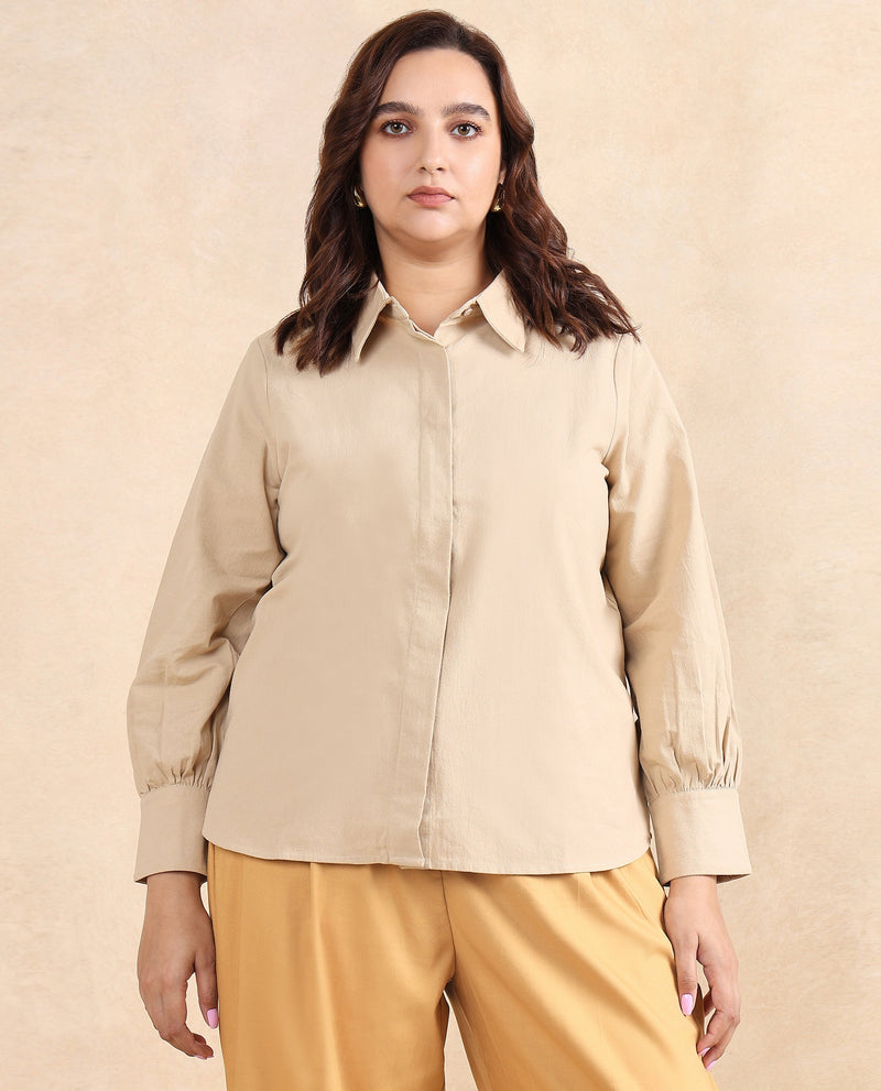 Rareism Women Severo Beige Cotton Fabric Cuffed Sleeve Collared Neck Button Closure Plain Shirt