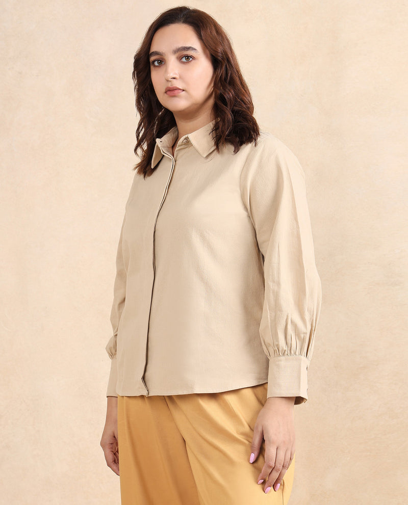 Rareism Women Severo Beige Cotton Fabric Cuffed Sleeve Collared Neck Button Closure Plain Shirt