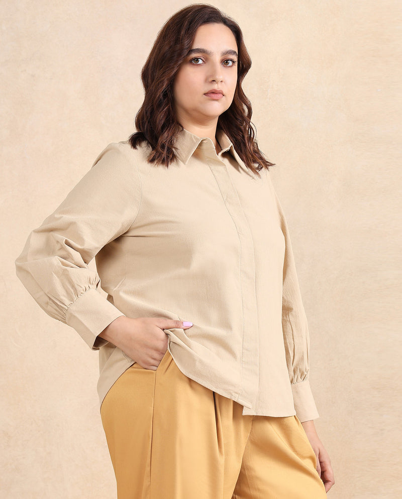 Rareism Women Severo Beige Cotton Fabric Cuffed Sleeve Collared Neck Button Closure Plain Shirt