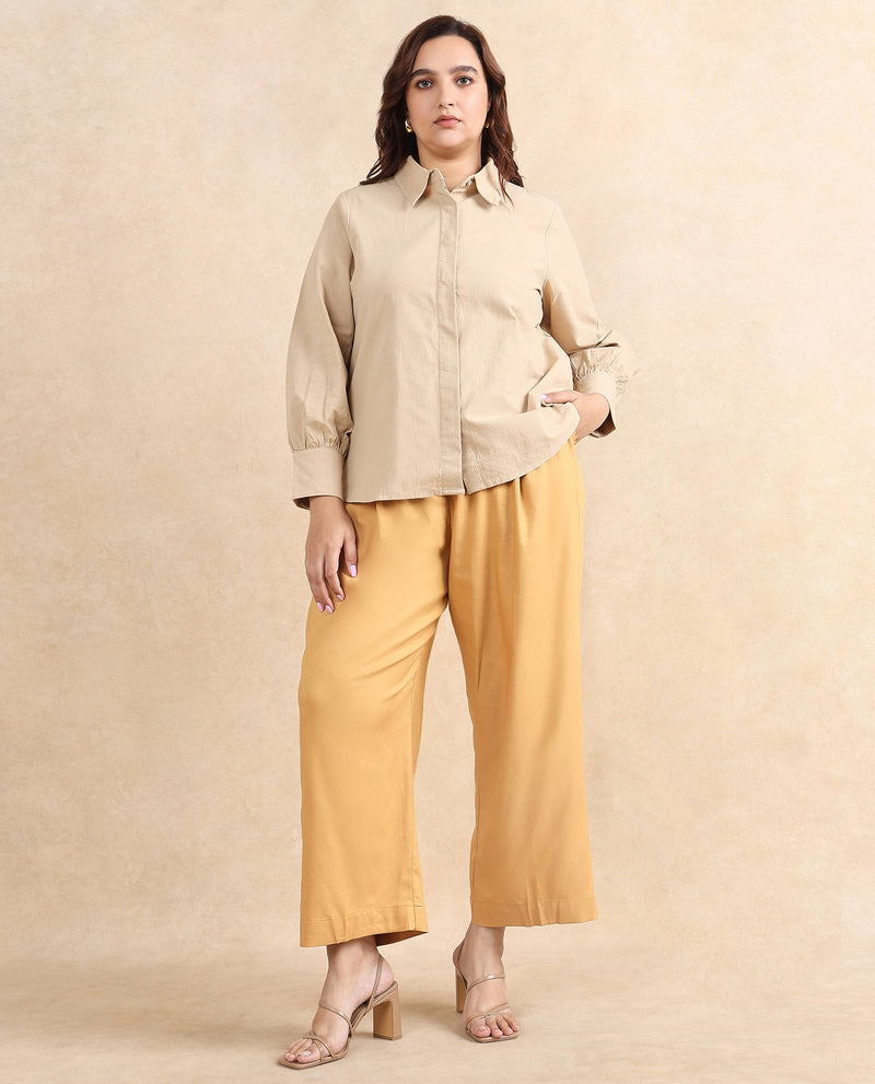 Rareism Women Severo Beige Cotton Fabric Cuffed Sleeve Collared Neck Button Closure Plain Shirt