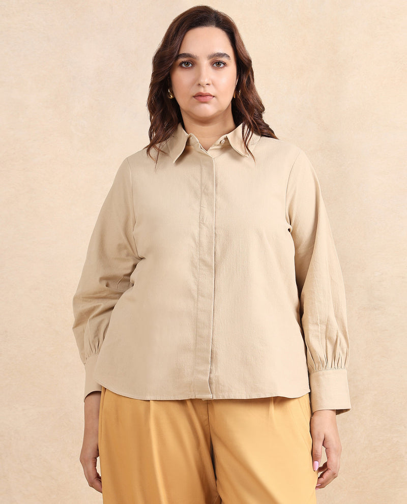 Rareism Women Severo Beige Cotton Fabric Cuffed Sleeve Collared Neck Button Closure Plain Shirt