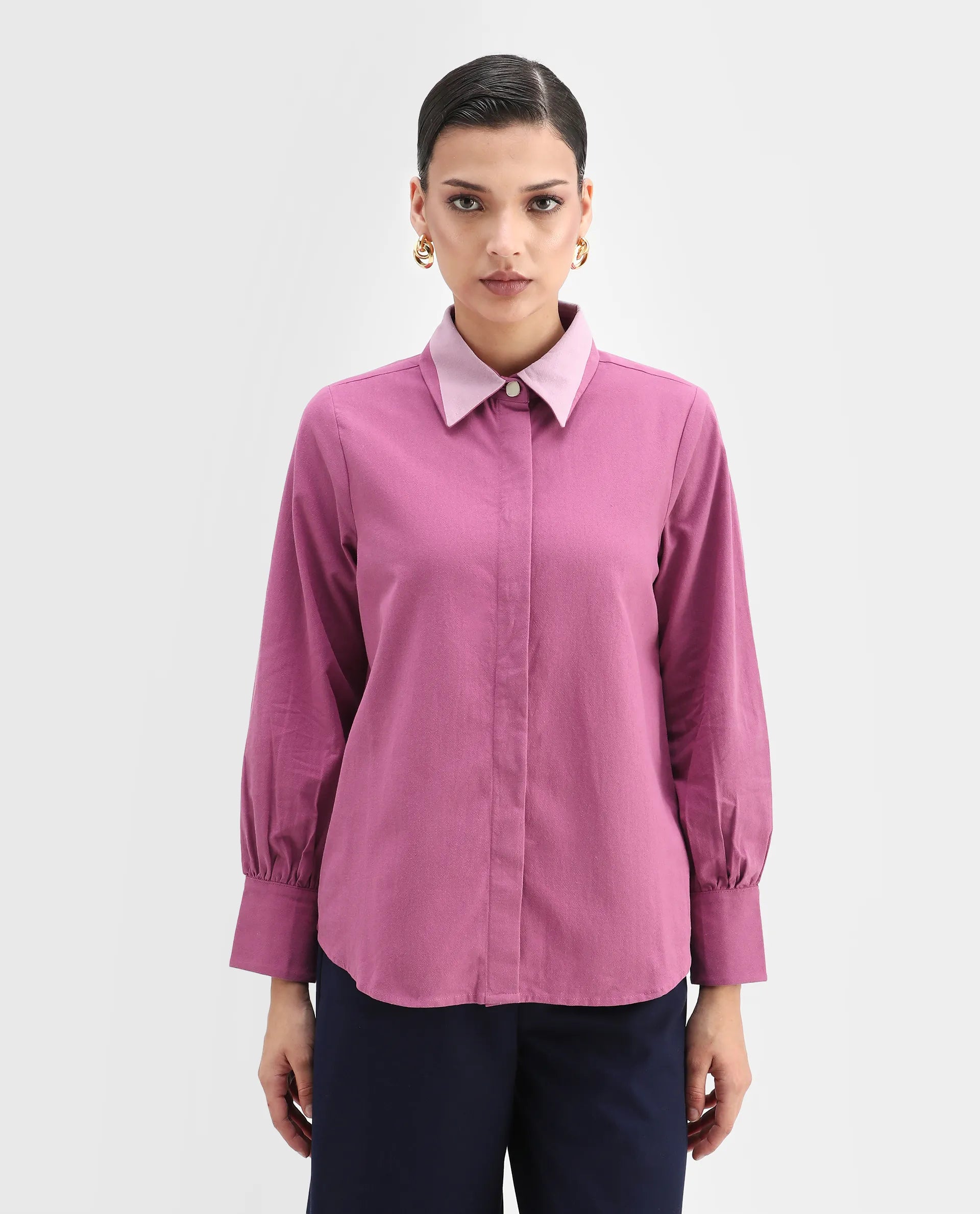 Rareism Women's Severo Pink Cotton Drop Collar Plain Cuffed Sleeve Regular Fit Shirt