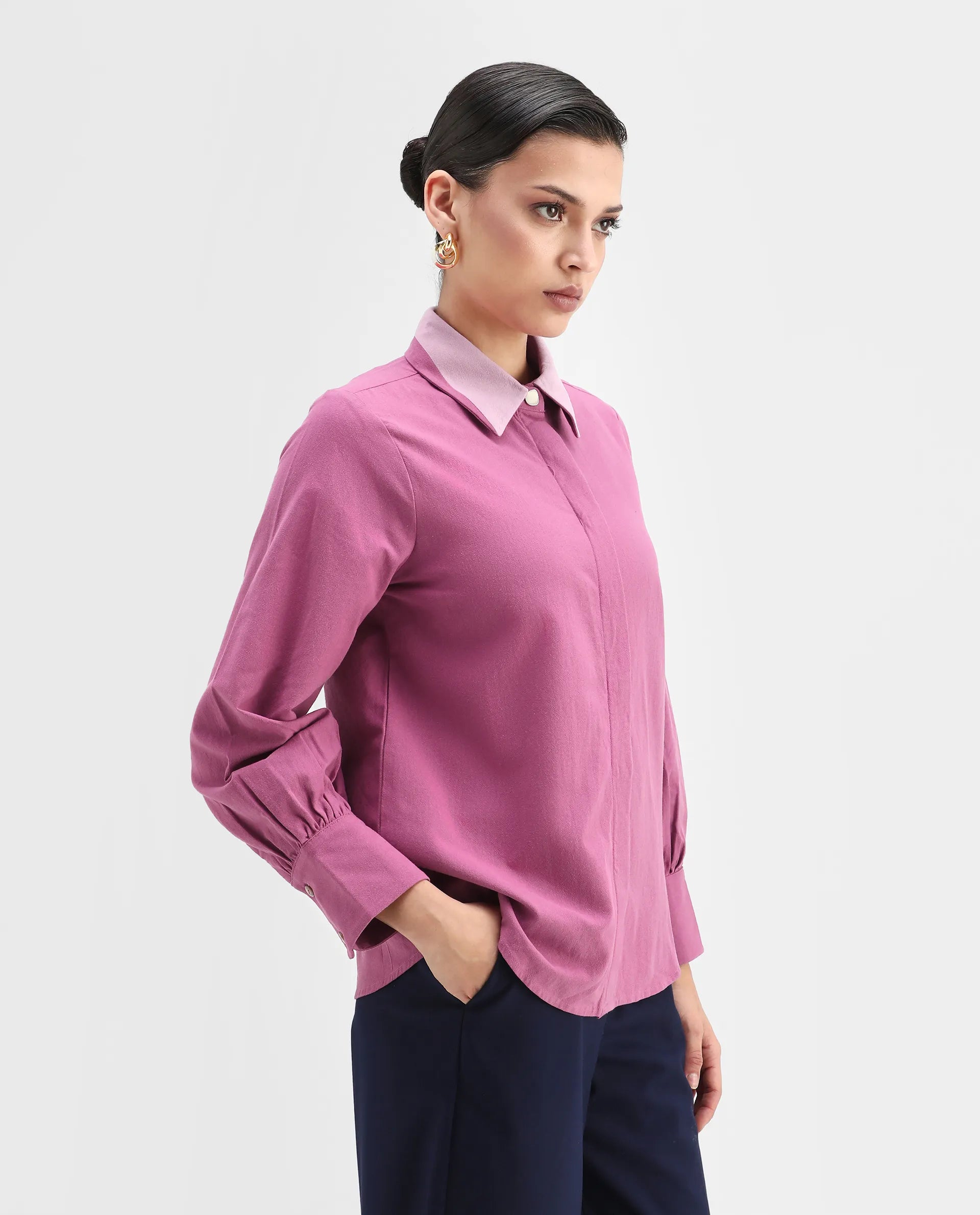 Rareism Women's Severo Pink Cotton Drop Collar Plain Cuffed Sleeve Regular Fit Shirt