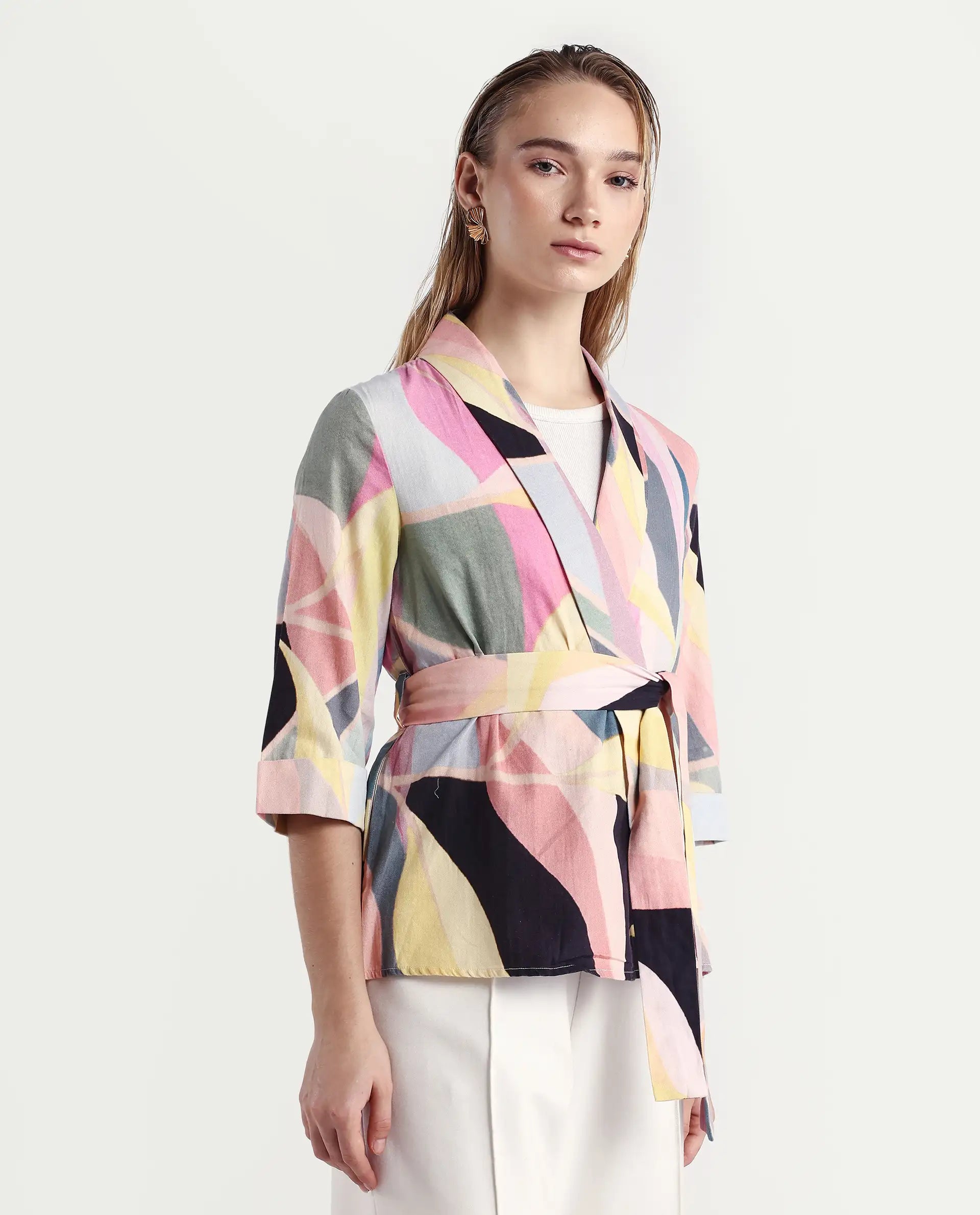 Rareism Women's Sezam Pink Cotton Shawl Neck Regular Fit Outer Wear