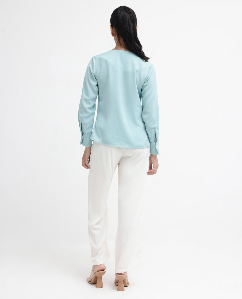 Rareism Women Shami Light Blue Cuffed Sleeve V-Neck Plain Top