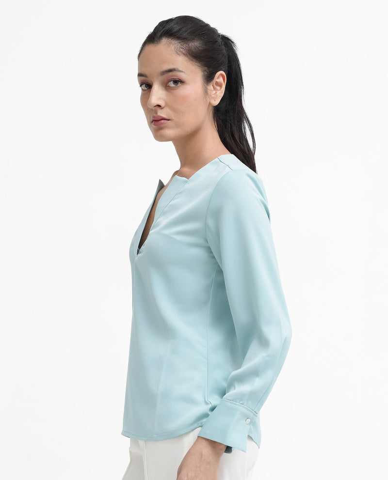 Rareism Women Shami Light Blue Cuffed Sleeve V-Neck Plain Top