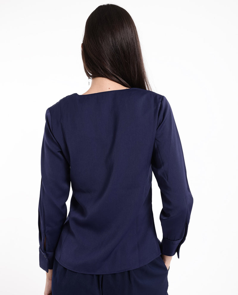 Rareism Women Shami Navy Cuffed Sleeve V-Neck Plain Top