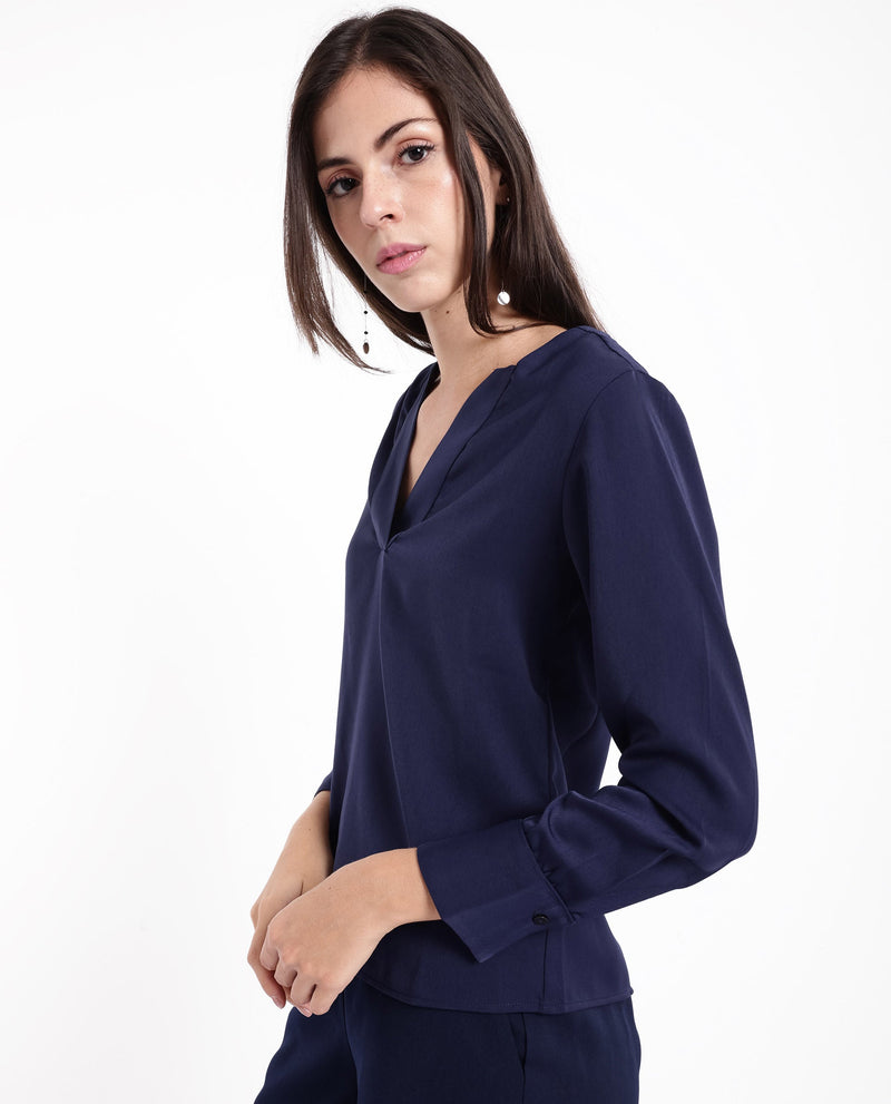 Rareism Women Shami Navy Cuffed Sleeve V-Neck Plain Top