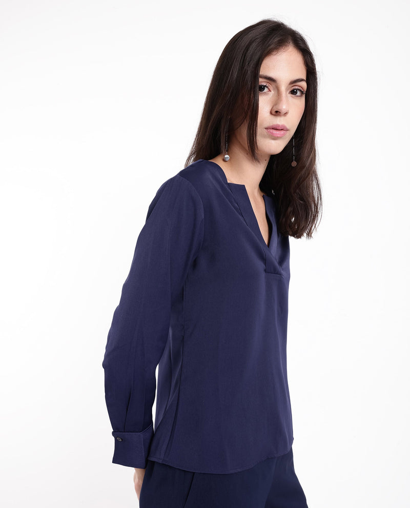 Rareism Women Shami Navy Cuffed Sleeve V-Neck Plain Top