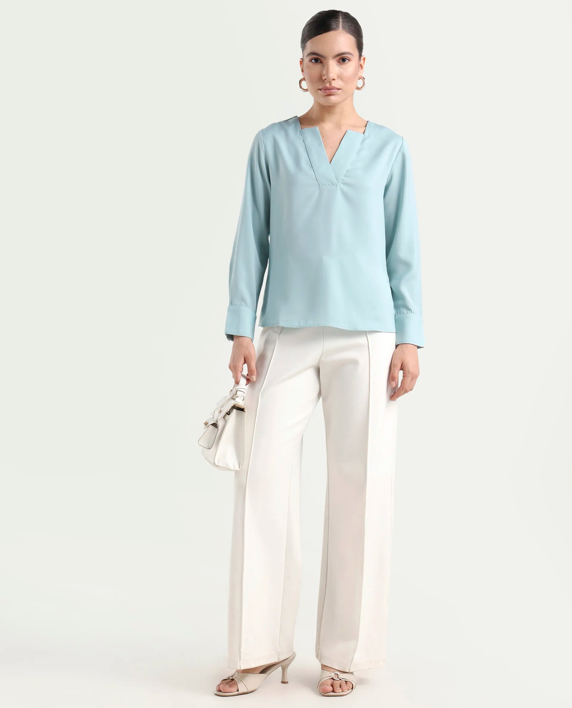 Rareism Women's Shami Light Blue Polyester V-Neck Plain Cuffed Sleeve Regular Fit Top