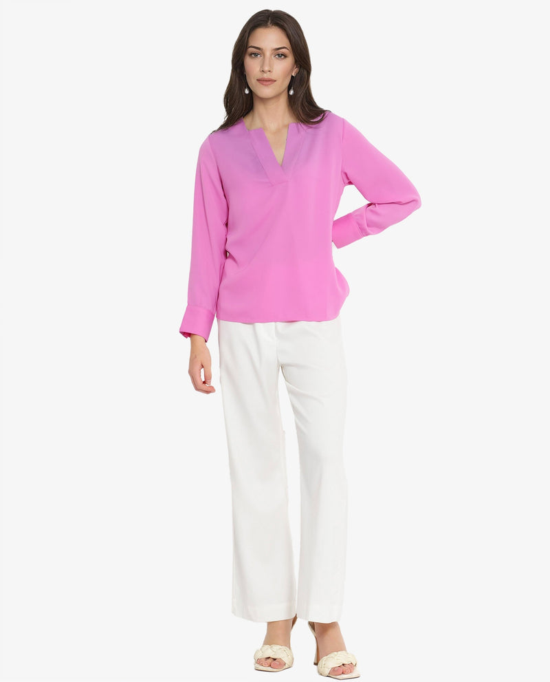 Rareism Women Shami Pink Cuffed Sleeve V-Neck Plain Top