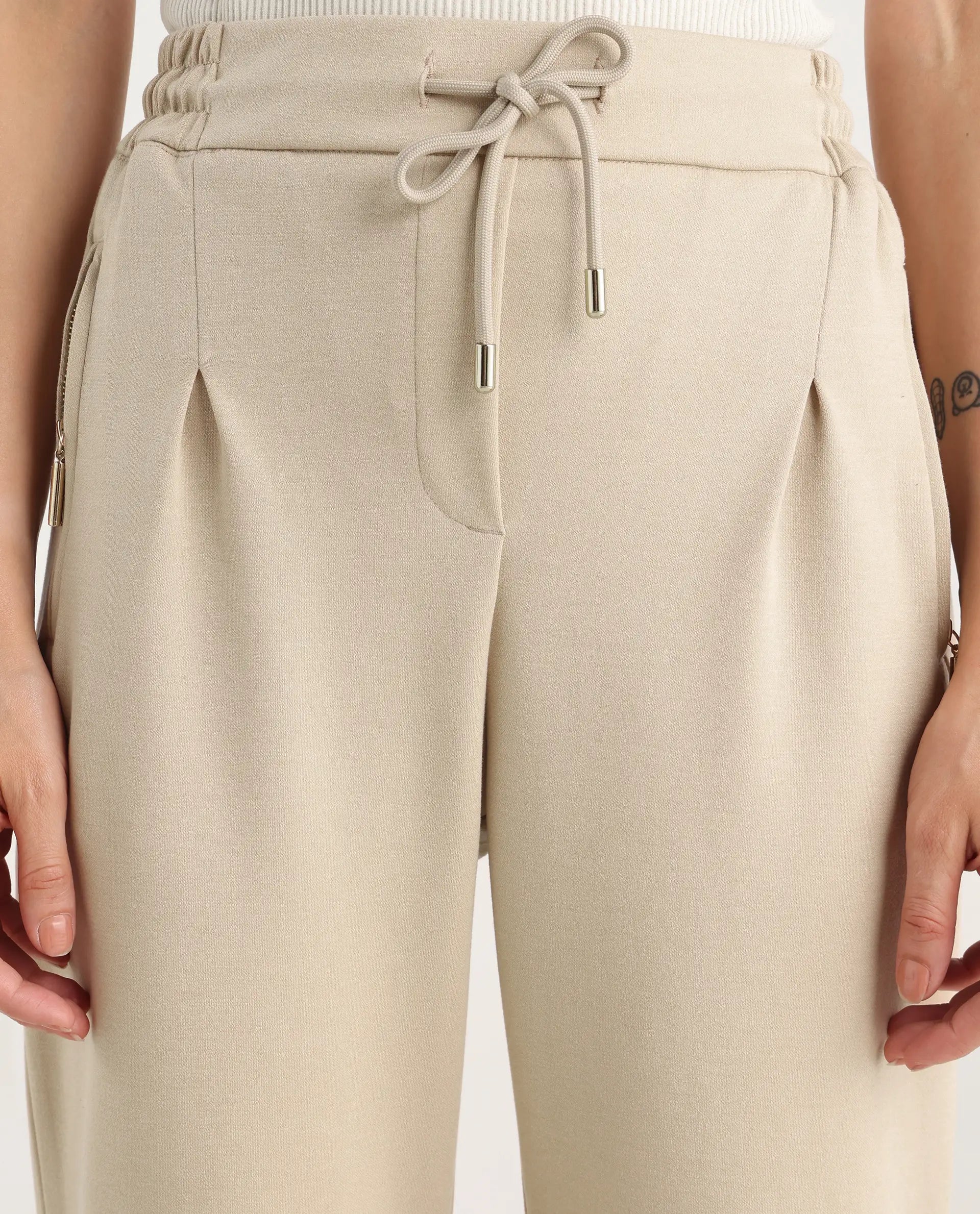 Rareism Women's Shane Beige Modal Blend Straight Printed Track Pant