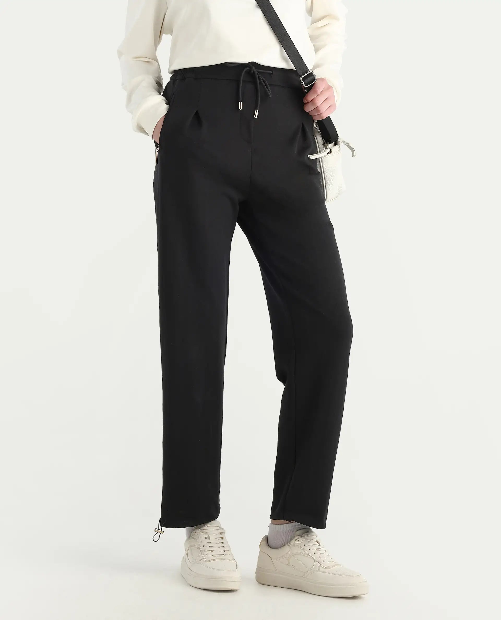 Rareism Women's Shane Black Modal Blend Straight Fit Track Pant