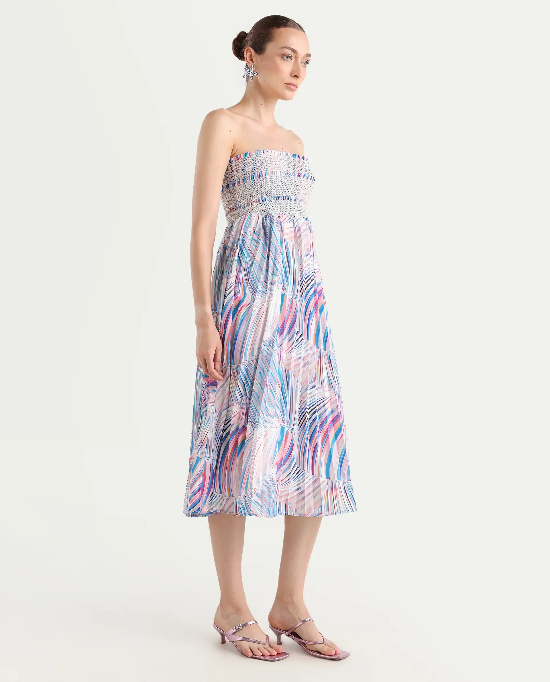 Rareism Women's Shanks Multi Polyester Blend Shoulder Strap Abstract Print Sleeveless Midi Fit And Flare Dress